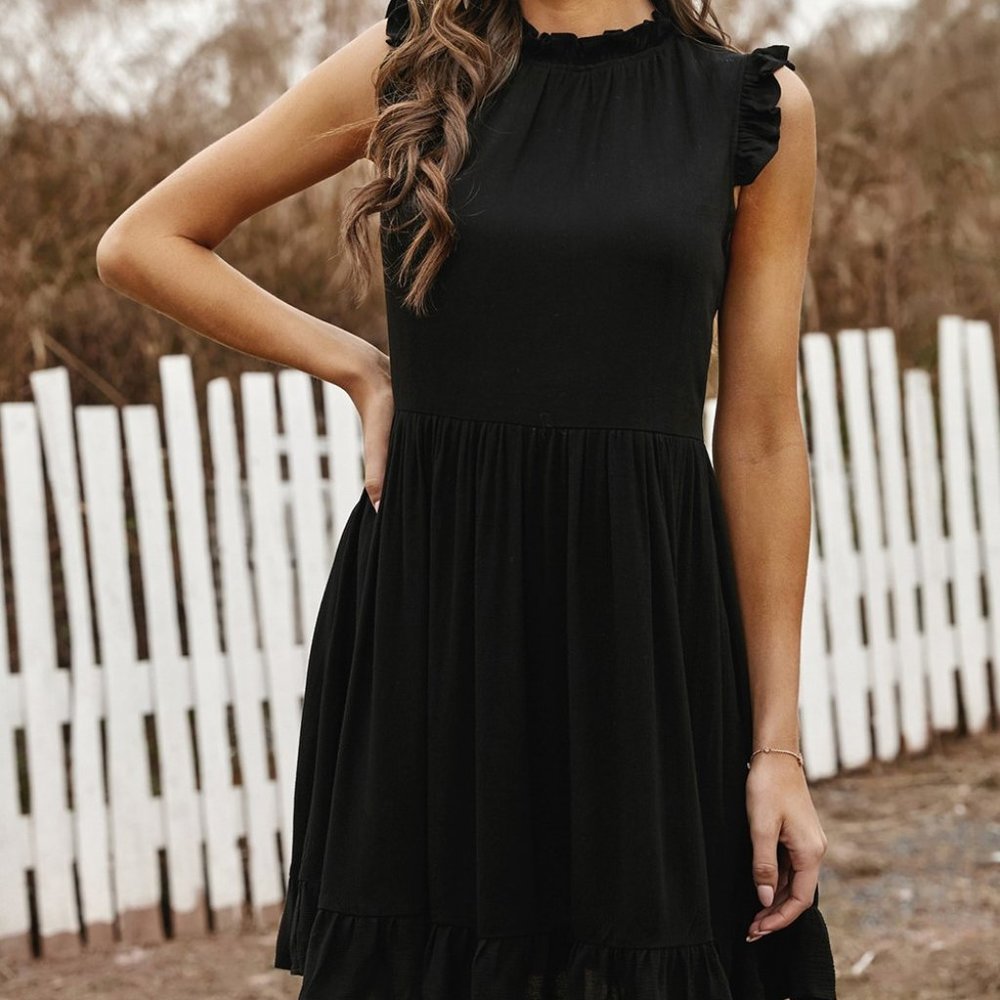 Black Pocketed Ruffle Babydoll Dress